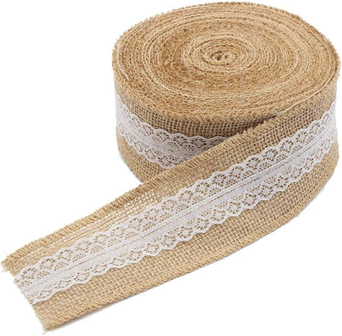 CCINEE 5.4 Yards Natural Jute Burlap Ribbon Roll with White Lace Trims Tape for DIY Crafts Wedding Decoration...