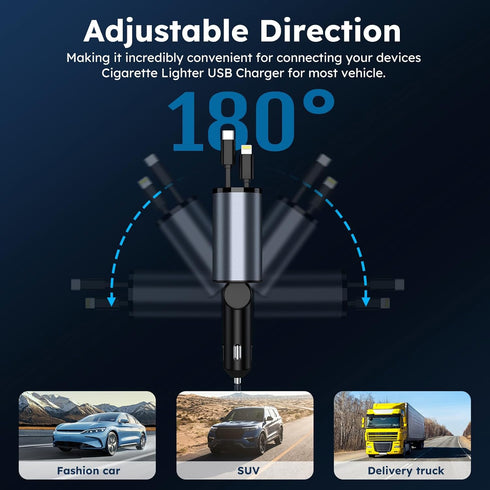 Retractable Car Charger 120W - 4 in 1 Fast Charing Car Phone Charger Adapter, USB C Car Charger with 2 Retractable Cables & 2 USB Ports for iPhone...
