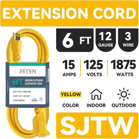 6 ft Indoor Extension Cord - 12/3 SJTW 15 AMP Heavy Duty Yellow Extension Cable with 3 Prong Grounded Plug - Power Cord for Lawn, Garden, Applianc...