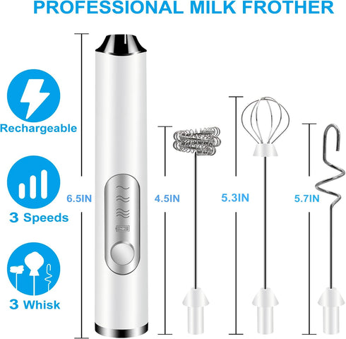 Coffee & Milk Frother Handheld Rechargeable with 3 Heads,Electric Whisk Drink Foam Mixer Handheld Mini Egg Beater for Cappuccino,Latte,Yogurt Milk...