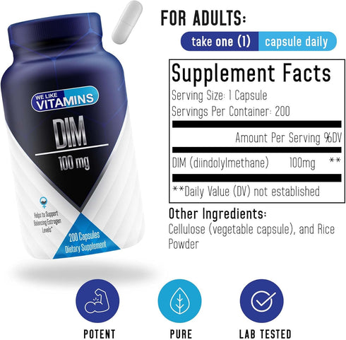 We Like Vitamins DIM 100mg 200 Capsules - 200 Day Supply - Diindolylmethane DIM Supplement for Support with Healthy Estrogen and Hormone Levels...