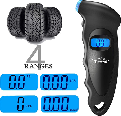 JUSTTOP Digital Tire Pressure Gauge, 150PSI 4 Setting for Cars, Trucks and Bicycles, Backlit LCD and Anti-Skid Grip for Easy and Accurate Reading(...