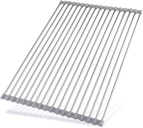 Roll Up Dish Drying Rack 20.5"(L) x 13.8"(W) - Stainless Steel and Silicone Dish Drying Mat Over The Sink Foldable Drain Rack Multipurpose Dish Dr...