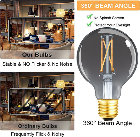 LEOOLS Dimmable LED Decorative G25 Globe Bulbs 6W,2700K Warm White,40 watt Equivalent Edison Bulb E26 Medium Base,Smoky Grey Glass,Flick-Free,CRI9...