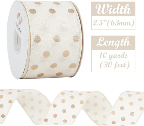 HUIHUANG Gold Polka Dot Wired Ribbon White and Gold Dot Ribbon Wired Edge Burlap Ribbon, 2.5 inch X 10 Yards Wreath Ribbon with Wire for Crafts X-...