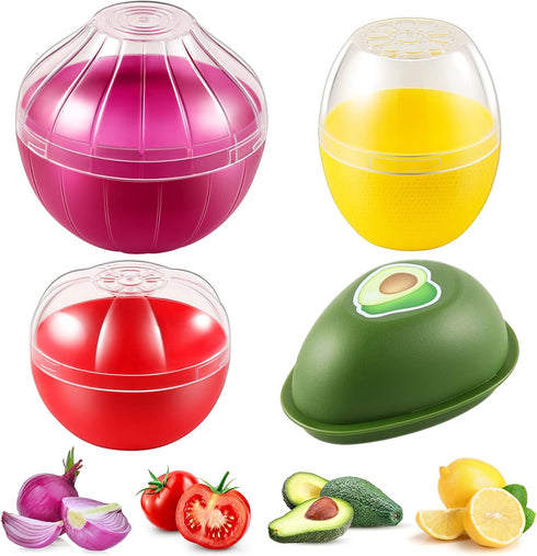 Vegetable and Fruit Storage Containers for Fridge, 4 Pcs BPA Free Reusable Food Saver - Tomato, Avocado, Onion, Lemon Keeper Holder - Refrigerator...
