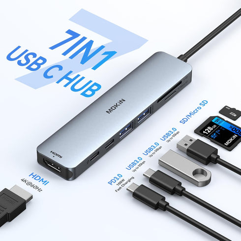 USB C Hub HDMI Adapter for MacBook Pro/Air, MOKiN 7 in 1 USB C Dongle with HDMI, SD/TF Card Reader, USB C Data Port,100W PD, and 2 USB 3.0 Compati...