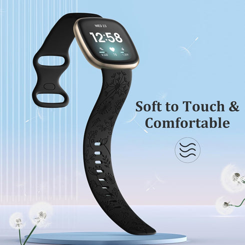 Flower Engraved Bands Compatible with Fitbit Sense Bands/Fitbit Versa 4/Fitbit Versa 3/Sense 2 1 Band for Women,Cute Fancy Dandelion Floral Wristb...