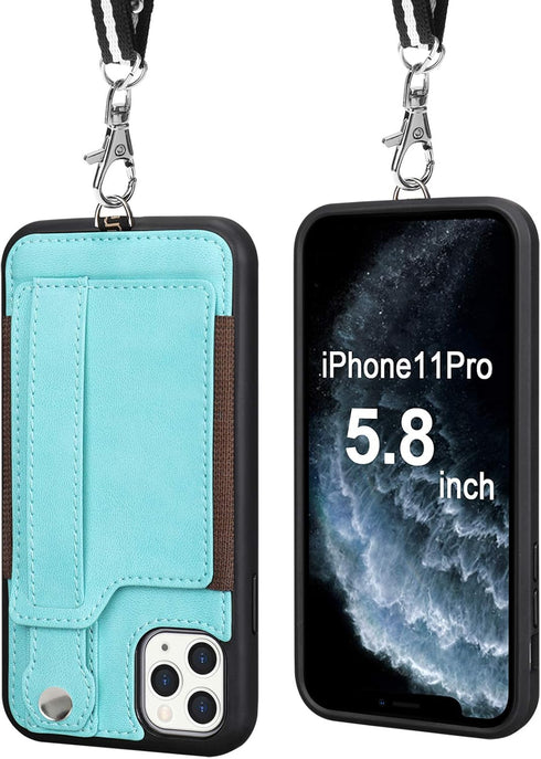 TOOVREN Phone Case for iPhone 11 Pro Wallet Case Lanyard Neck Strap with Kickstand Leather Card Holder Adjustable Detachable Necklace, Phone Prote...