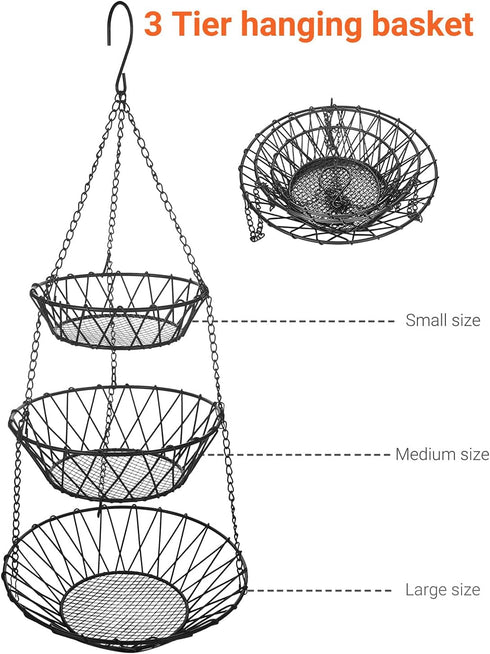 3 Tier Hanging Basket with Sturdy Metal Chain Hanging Hooks Fruit and Vegetable Basket Heavy Duty Wire Organizer Space Saving Rustic Country Style...