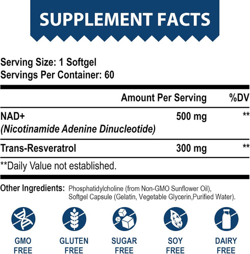 Liposomal NAD+ 500 mg + Trans-Resveratrol 300 mg, Superior Absorption True NAD Supplement Efficient for Cellular Energy Metabolism & DNA Repair, 6...