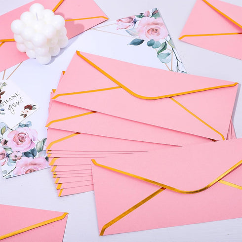 Whaline 50Pcs Business Envelopes Pink Envelopes V Flap with Gold Foil Border Gift Card Envelopes Self-Adhesive Seal Luxury Mailing Envelopes for O...