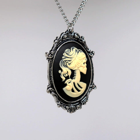 Gothic Lolita Skull Cameo in Pewter Frame Pendant Necklace...
