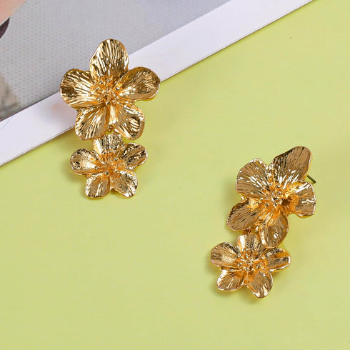 Gold Flower Earrings Double Flower Gold Statement Earrings for Women, Hypoallergenic Gold Floral Earrings Large Gold Earrings for Women Boho Jewel...