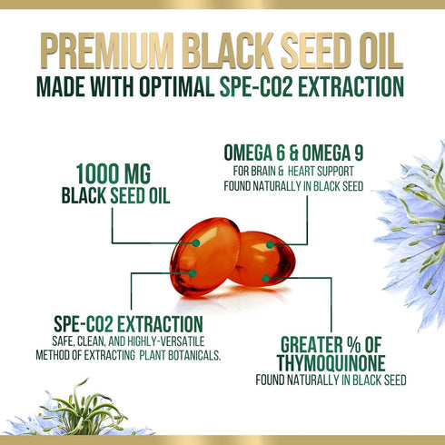 Black Seed Oil Softgels 1000mg - Premium Nigella Sativa Blackseed, Pure Natural Black Cumin Seed Oil & Antioxidant for Skin & Immune Support - Non...