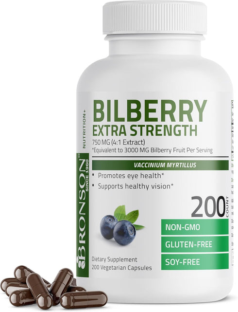 Bronson Bilberry Extra Strength Vaccinium Myrtillus, Promotes Eye Health and Supports Healthy Vision - Non GMO, 200 Vegetarian Capsules...