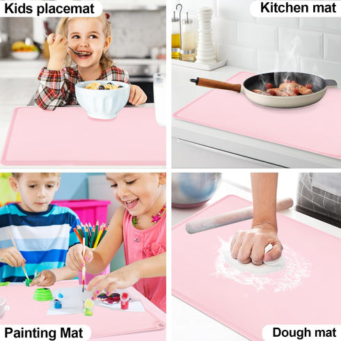 Pink Baking Mat-Multipurpose Kid Placemat Reusable Kitchen Countertop Mat Dough Pad with Raised Edges Silicone Heat Resistant Mat for Air Fryer (1...