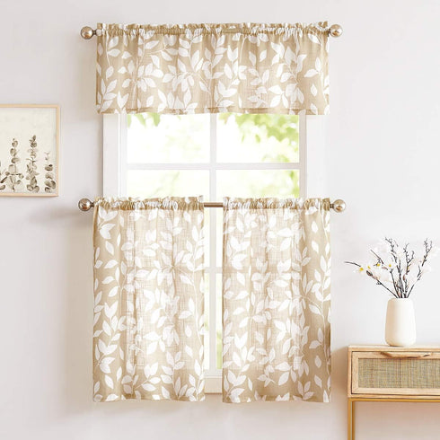 Treatmentex Leaf Tier Curtains for Kitchen 24" Short Curtains for Bathroom Window Curtains Print White and Taupe 2 Panels...