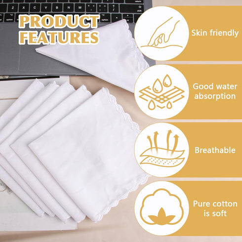 6 Pcs White Cotton Handkerchiefs, 11" White Pocket Square for Men Women with Crescent Edge, Machine Wash Elegant Soft Handkerchief for Groomswomen...