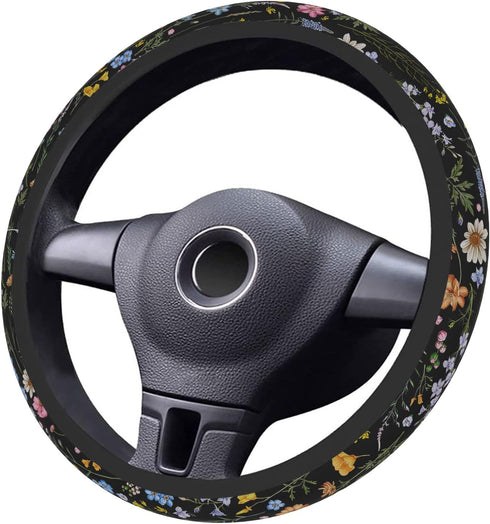 Colorful Wildflower Steering Wheel Cover Neoprene Material Most Cars Universal 15 inch Premium Non-Slip Breathable Flower Embroidery Car Steering ...