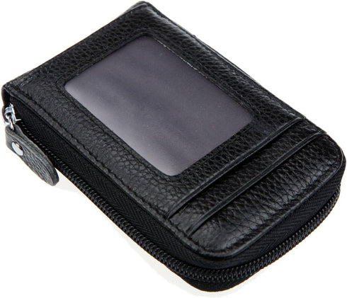 RFID Blocking Genuine Leather Mini Credit Card Case Organizer Compact Wallet with ID Window - Black...