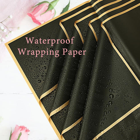 20 Sheets Black Flower Wrapping Paper, Waterproof Florist Bouquet Packaging Paper with Satin Ribbon,3D Butterflies,Flower Pins, Gold Edge Floral W...