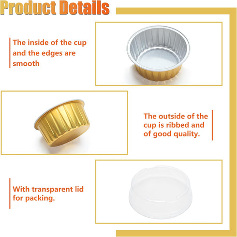 Aluminum Cups with Lids, 4.2oz 50Pcs Gold Disposable Cake Pans with Lids, Creme Brulee Cups, Mini Cake Pans for Party, Wedding, Birthday...