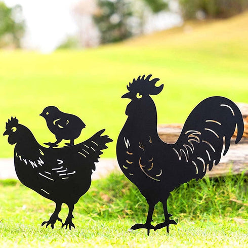 TT & MM Rooster Yard Decor Metal Decorative Garden Stakes - Chicken Yard Art Rooster and Hen with Chicks Statues Idea Garden Gifts for Outdoor, Pa...