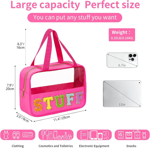 Chenille Letter Patch Clear Makeup Bag, Preppy Nylon Makeup Bag with Handle and Zipper, Waterproof Large Clear Travel Toiletry Bag Storage Bag for...
