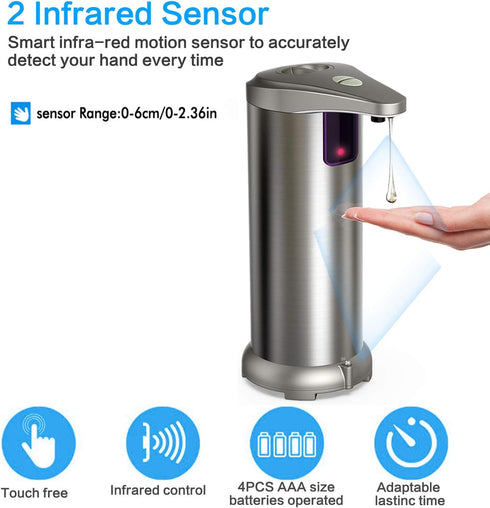 Infrared Automatic Soap Dispenser Touchless, Stainless Steel Battery Operated Touchless Soap Dispenser with Waterproof Base for Bathroom Kitchen H...
