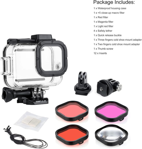 Waterproof Case for GoPro Hero 8 Black with 4-Pack Dive Filter, 60M Underwater Diving Housing Case with Red, Light Red, Magenta, Close-up Filters ...