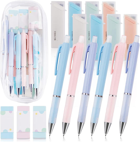 6 Pcs Cute Pastel Mechanical Pencil, Drawing Pencil 0.5 0.7 MM, 160 HB Lead Refills, Aesthetic Clear Pencil Pouch, 3 Pack Erasers, Colored Pencils...