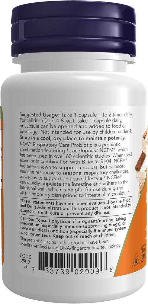 NOW Supplements, Respiratory Care Probiotic, with Clinically Tested NCFM® & BI-04, 60 Veg Capsules...