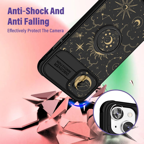 (2in1 for iPhone 15 Plus Case for Women Girls Cute Sun Moon Star Cover Girly Pretty Black Aesthetic Unique Design with Camera Cover and Ring Stand...
