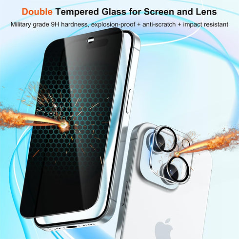 [2+3 Pack Privacy Screen Protector for iPhone 15 with Camera Lens Protector, Anti-Scratch, Bubble Free, Easy to Install, Case Friendly, Tempered G...