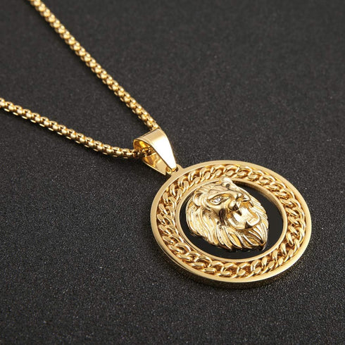 Hip Hop Jewelry 3D Lion Head Shiny Circle of Cuban Link Pendant Gold Medallion Lion King Leo Necklace for Men Women...