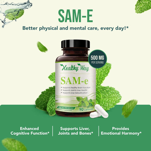 Healthy Way 500mg SAM-e Supplement - High Strength 500mg S-Adenosyl-L-Methionine Capsules for Joint Brain Liver and Mood Support - Non-GMO High Ab...