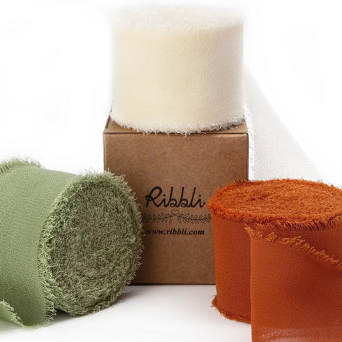 Ribbli Chiffon Ribbon 1.5 inch x 30 Yard Handmade Silk Ribbon,Ivory/Dusty Sage/Terracotta Fringe Chiffon Fall Ribbon for Wedding Invitations, Brid...