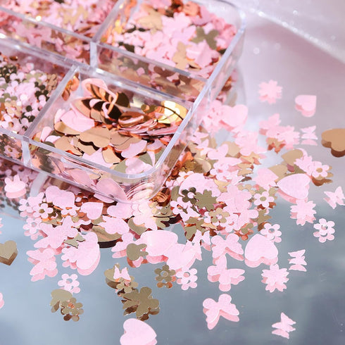 12 Grids Gold Pink Nail Glitter Sequins 3D Cherry Blossoms Butterfly Nail Glitter Flakes Rabbit Love Heart Nail Sequins Supplies Sparky Cute Nail ...
