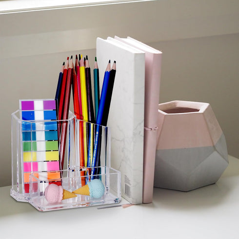 Clear Acrylic Pencil Pen Holder Cup, Desk Organizers and Accessories, Makeup Brush Holder 3 Compartments, Modern Minimalist Desktop Stationery Sto...