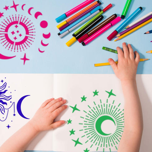 9pcs Mandala Sun and Moon Stencil, 11.81 Inch Star Sun and Moon Template Reusable Paint Stencils for Painting Crafts Wood Wall Furniture Home Deco...