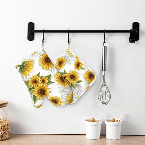 Sunflower Oven Mitts and Pot Holders Silicone Sunflowers Kitchen Gloves Yellow Sunflower Potholders Heat Resistant 4Pcs Oven Gloves Hot Pads for C...