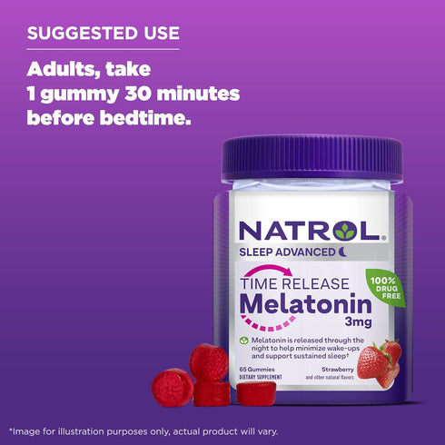Natrol Time Release Melatonin 3 mg, Dietary Supplement for Restful Sleep, Sleep Gummies for Adults, 65 Strawberry-Flavored Melatonin Gummies, 65 D...