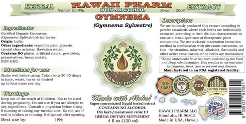 Hawaii Pharm Gymnema Alcohol-FREE Liquid Extract, Organic Gymnema (Gymnema Sylvestre) Dried Leaf Glycerite Natural Herbal Supplement 2 oz...