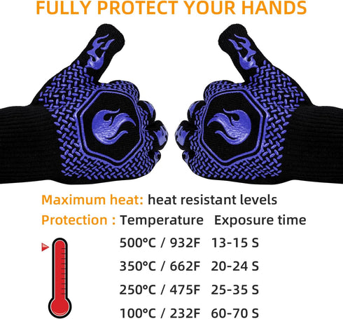 BBQ Fireproof Gloves, Grill Cut-Resistant Gloves 1472°F Heat Resistant Gloves, Non-Slip Silicone Oven Gloves, Kitchen Safe Cooking Gloves for Oven...