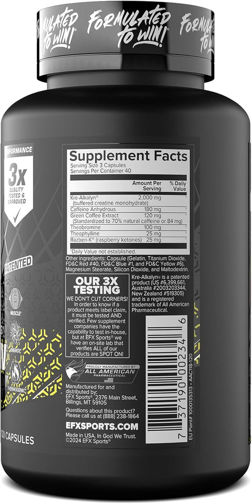 EFX Sports Kre-Alkalyn Hardcore | Thermogenic pH Correct Creatine Monohydrate Pill Supplement | Energy & Strength Pre Workout | 40 Servings, 120 C...