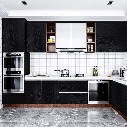 Livelynine Black Wood Contact Paper Kitchen Cabinet Vinyl Wrap Waterproof Contact Paper Wood Black Wall Paper Roll Adhesive Kitchen Countertop Wal...
