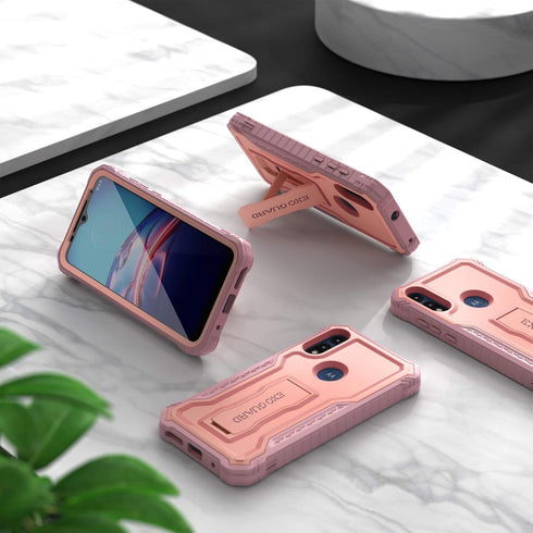 ExoGuard for Moto E Case, Rubber Shockproof Full-Body Cover Case Built-in Screen Protector and Kickstand Compatible with Moto E Phone 2020 (Pink)...