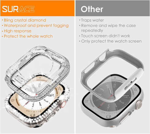 Surace 2 in 1 Waterproof Bling Case Compatible for Apple Watch Series 9 8 7 45mm, Over 100 Crystal Diamonds with Screen Protector, Front & Back Fu...