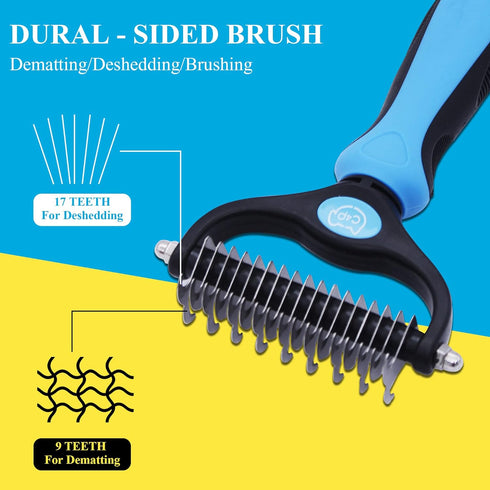 Double Sided Undercoat Rake Brush for Long Haired Dogs & Cats, Shedding and Dematting Tool for Grooming Extra Wide Blue Large...